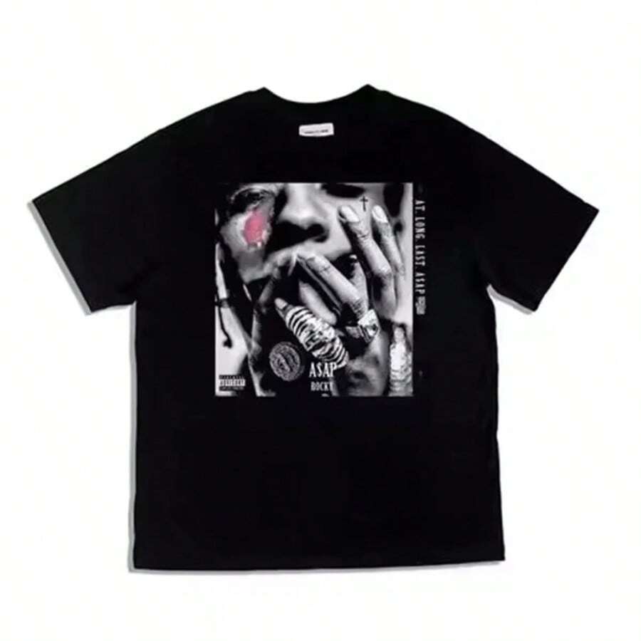 Hip Hop Singer Asap Rocky Rap TNG Theme Men Women Short Sleeve Large Size Round Neck Printing T-Shirt Unisex Fashion Streetwear - 黑色 - 查看 1