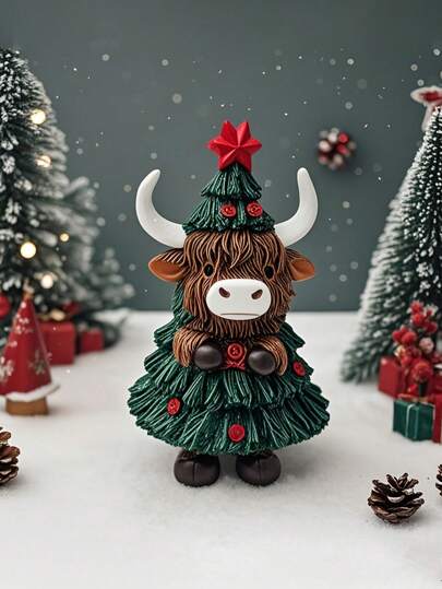 Estatua mágica de vaca de las Tierras Altas navideña - Decoración de escritorio de resina con bayas rojas y piñas, adornos navideños para el hogar, estantería, mesa, chimenea