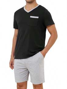 ¡RecomendadoPijama para Hombre Conjunto de Pijama de Algodon Pijama Manga Corta y Pantalones Cortos, Cuello en V Ropa de Dormir Hombre, Pijamas de Dos Piezas, Casual y Cómoda¡Top de Temporada - Negro - Ver 11