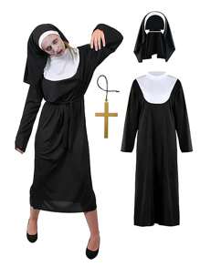 Conjunto de 3 piezas de disfraces de monja para mujeres - Accesorios de disfraz de monja, vestidos negros, cruces colgantes y tocados, disfraces de santa y pecadora, disfraces de monja para cosplay de Halloween