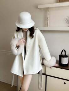 Women's Double-Sided Faux Fur & Wool Blend Coat - Shawl Collar, Tie Waist, Classic Casual, Suitable For Autumn/Winter - White - View 5