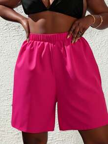 Slaydiva 1pc Plus Size Women's Solid Color Loose Fit Bermuda Shorts, Casual Vacation Beach Shorts