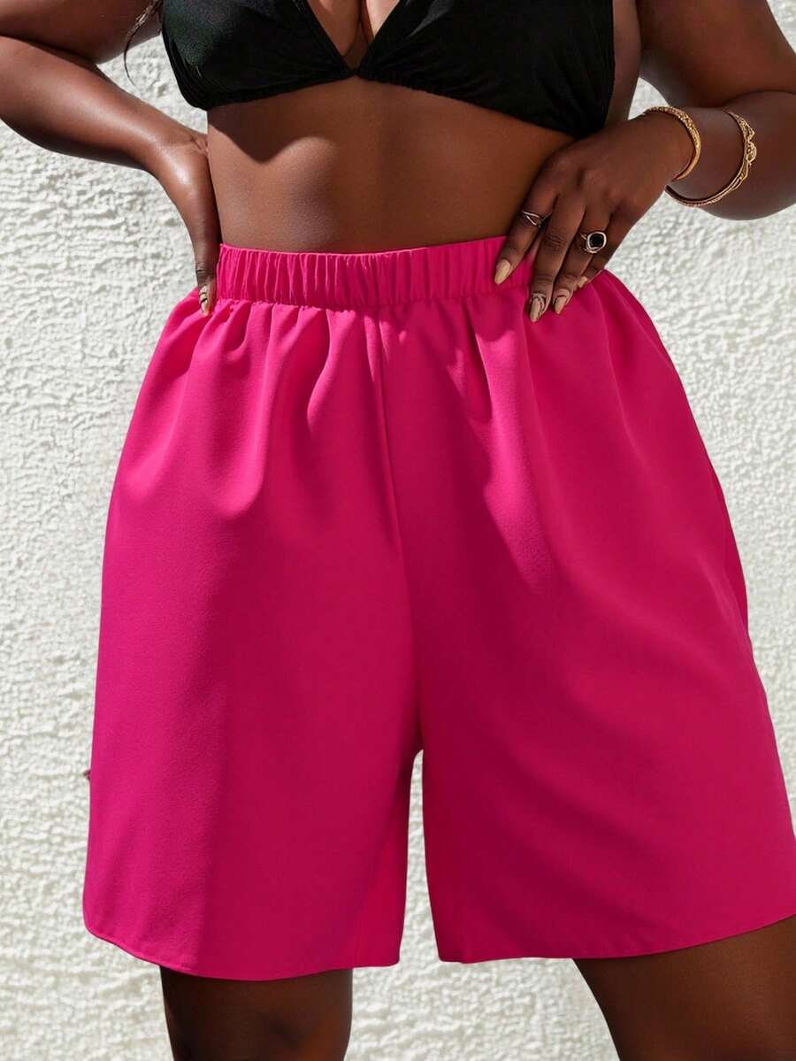 Slaydiva 1pc Plus Size Women's Solid Color Loose Fit Bermuda Shorts, Casual Vacation Beach Shorts