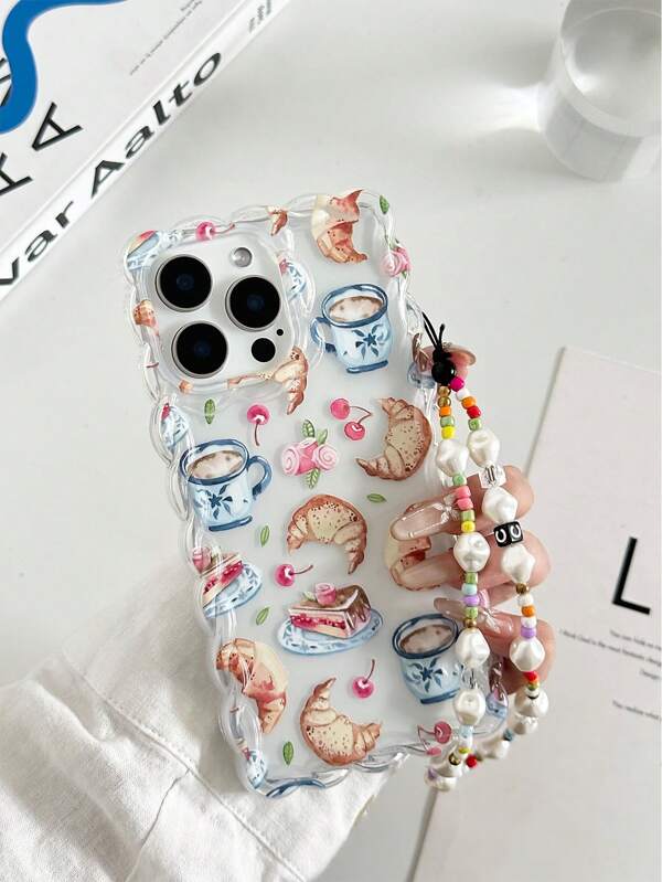 Food & Beverage Croissant Painted Braided Wave Edge Elegant TPU Painted Shockproof Phone Case With Handmade Beaded Bracelet, Compatible With IPhone 16/11/16Pro/16Plus/16ProMax/16E/15ProMax/13/14/12/XS/XR/7G/8PXR/7/8, Painted For IPhone 15ProMax, 13, 14, 12, X, 12/14 Painted TPU Shockproof Soft Case