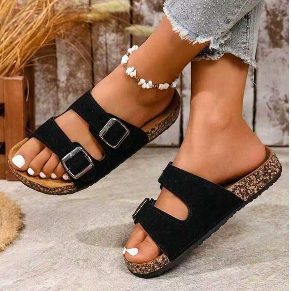 Women's Retro Open Toe Breathable Sandals, Comfortable Non-Slip Slides, Women's Summer , Adjustable Double Buckle