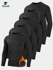 TELALEO 5 件装男士保暖压缩衣，带保暖内衬长袖运动打底衫，防寒保暖运动上衣 - 黑色 - 查看 1