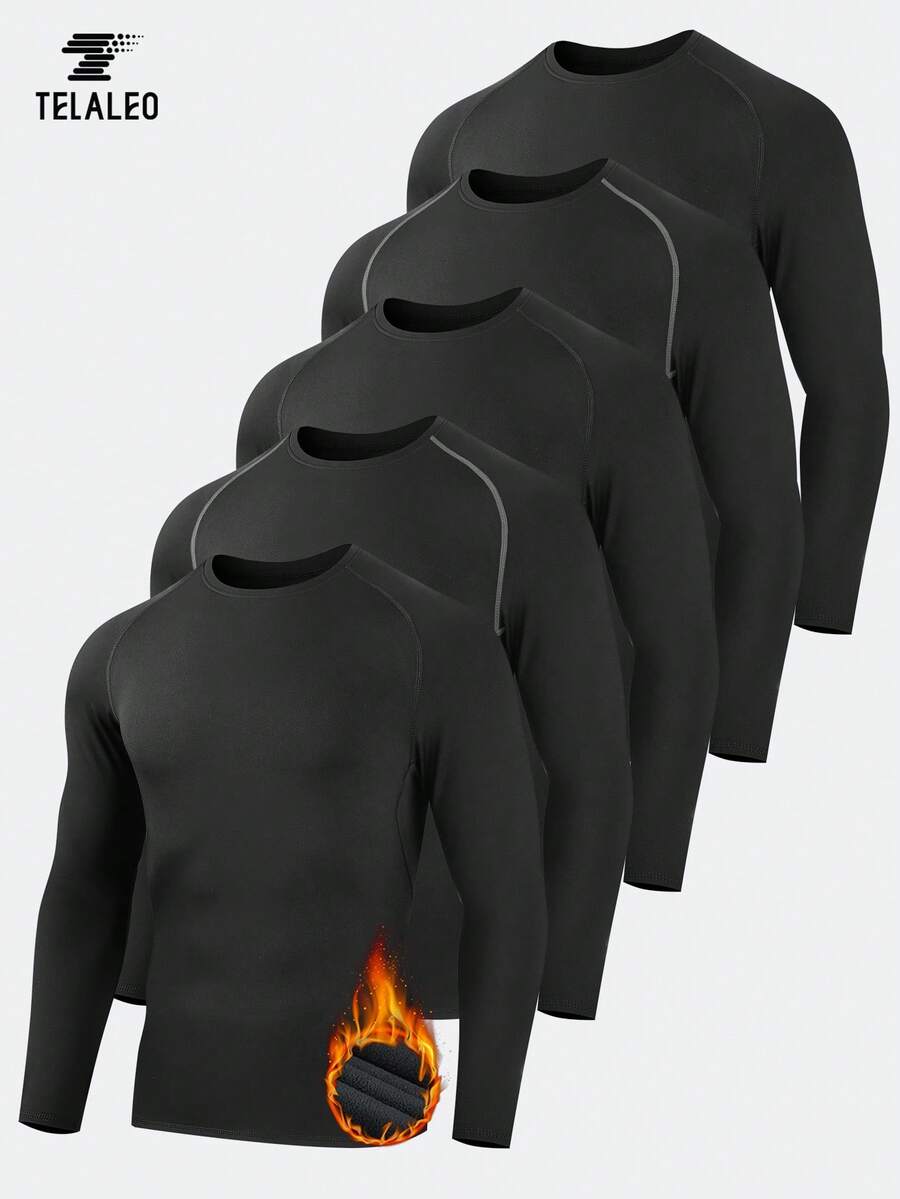 TELALEO 5 件装男士保暖压缩衣，带保暖内衬长袖运动打底衫，防寒保暖运动上衣 - 黑色 - 查看 1