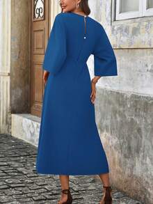 Vestido casual de mujer de unicolor con cuello en V cruzado, cintura con lazo y manga 3/4