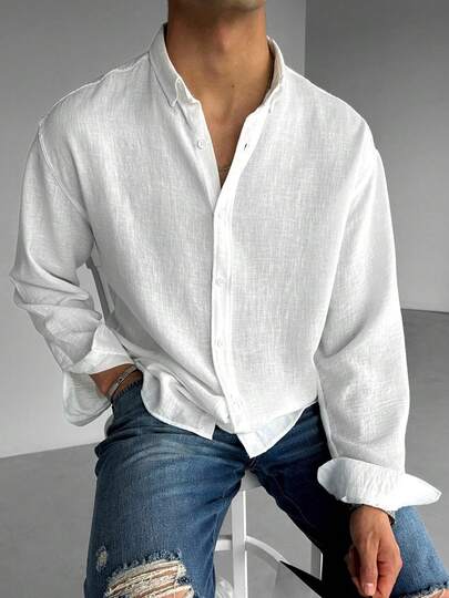 男士休闲时尚复古亚麻衬衫，秋季长袖上衣