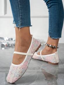 2025年秋季大码女式方头蕾丝拼接玫瑰户外休闲派对透气镂空平底乐福鞋，百搭，芭蕾平底鞋，玛丽珍鞋 - 漸層彩色 - 查看 4