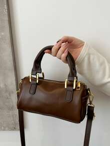 Tas Tangan Mewah untuk Wanita, Tas Genggam Silinder Bulat Serbaguna dan Modis Terbaru, Tas Selempang Bahu dengan Penutup Resleting, Tas Boston Kulit PU Warna Kontras - Coffee Brown - View 5