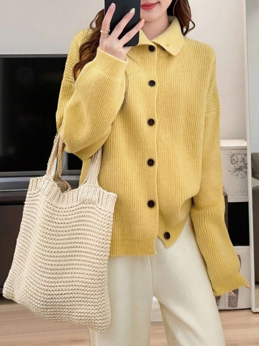 Women's Retro Style Loose Knit Cardigan For Autumn/Winter - Pear Yellow - View 1