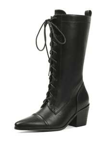 Women's Retro Pointed Toe Boots Fashion Block Chunky Heels Side Zipper Lace-Up Casual Party Dress Fall Vintage Mid Calf Boots Woman - 黑色 - 查看 1