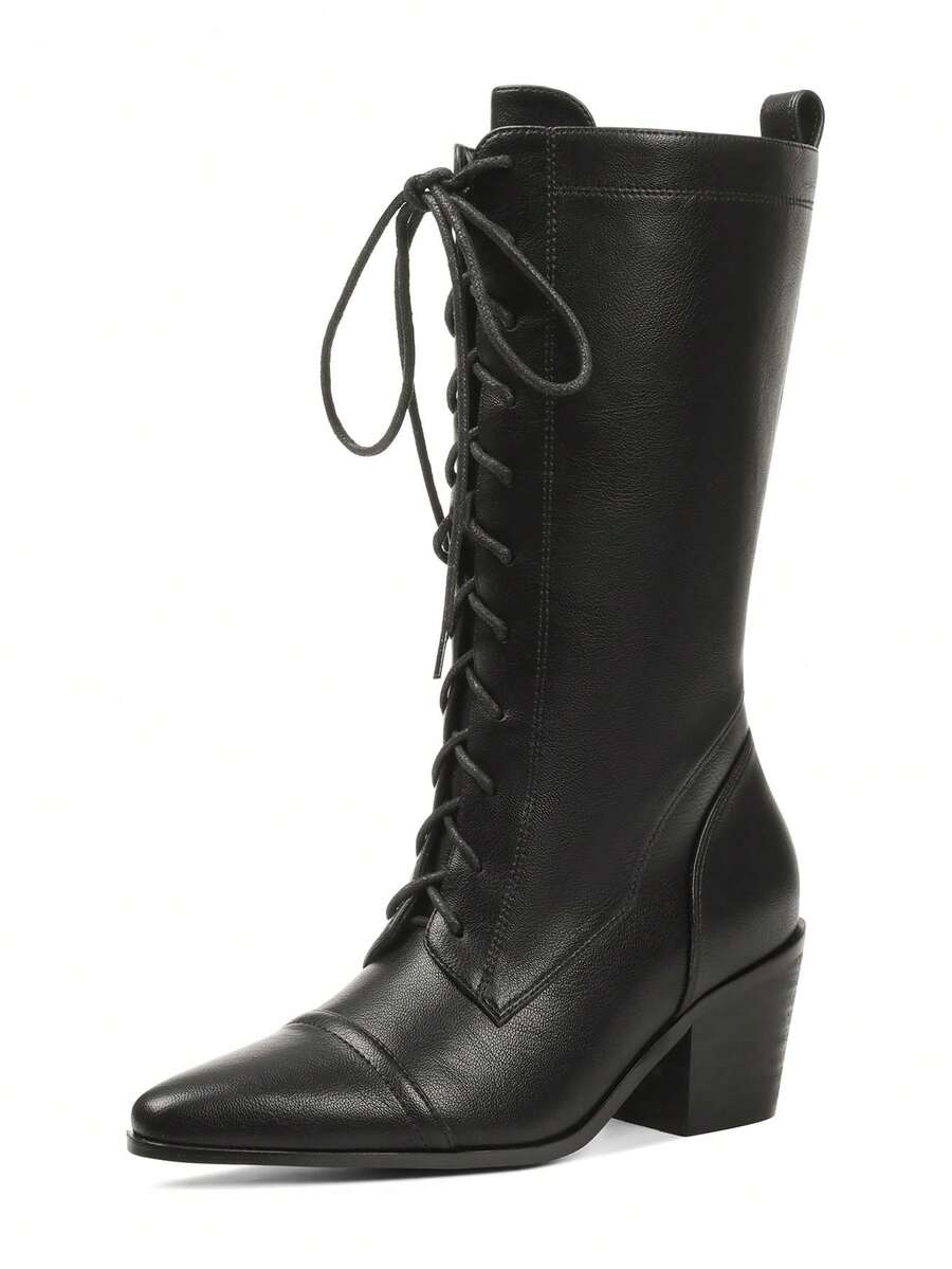 Women's Retro Pointed Toe Boots Fashion Block Chunky Heels Side Zipper Lace-Up Casual Party Dress Fall Vintage Mid Calf Boots Woman - 黑色 - 查看 1