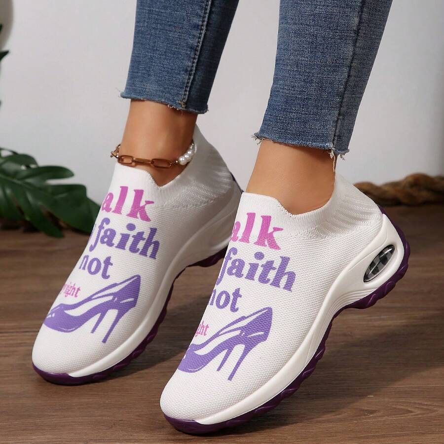 Ladies' Breathable Knitted Slip - On Sports Shoes With Stable Support - Soft EVA Sole, All - Season Casual Shoes. White With Black And Red Accents And "Walk By Faith" High - Heel Pattern Design. Ladies' Comfortable Shock - Absorbing Shoes - 紫色 - 查看 1