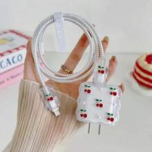 5-In-1 Red Diamond Cherry & Pearl Design 20W/18W Phone Charger Set, Charging Cable Protector, Charging Head Cover, Compatible With IPhone 16 Pro Max/15/14/13/12/11, Great For Holidays, Friends, Girlfriends - Red - View 1
