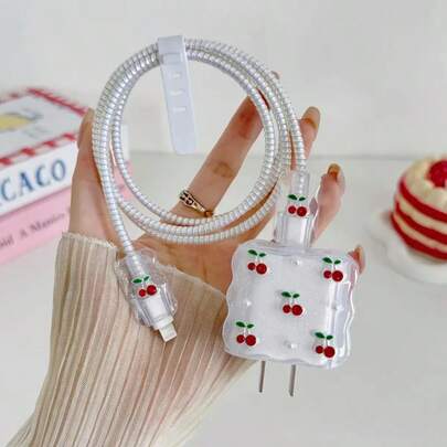 5-In-1 Red Diamond Cherry & Pearl Design 20W/18W Phone Charger Set, Charging Cable Protector, Charging Head Cover, Compatible With IPhone 16 Pro Max/15/14/13/12/11, Great For Holidays, Friends, Girlfriends