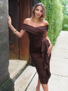 CurvySweet Fashionable Classic Elegant Retro Side Slit Ruffle Off-Shoulder High Stretch Strapless Burgundy Mid-Length Dress, Built-In Bra, Semi-Formal Cocktail Dress, Wedding Guest Dress, Suitable For Formal Dinner, Gala, Party, Holiday, Vacation, Etc. - Coffee Brown - View 4