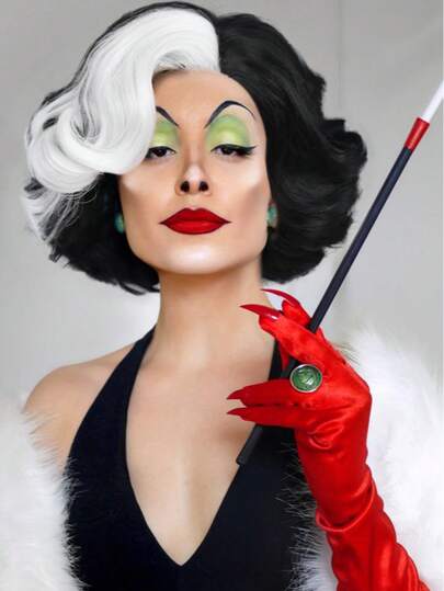 4X1蕾丝部分散波浪短侧分黑白假发，耐热纤维混色合成鲍勃波浪 8 英寸复古色假发，适合日常派对万圣节角色扮演