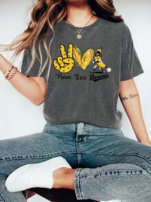 Peace Love Banana  Graphic Printed Casual Round Neck Short Sleeve T-Shirt Women's Summer Tops - 深灰色 - 查看 1