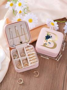 1pc Floral Rose Initial Jewelry Box, A-Z PU Leather White Portable Travel Jewelry Box, Black Jewelry Storage Box, Pink Mini Portable Zipper Jewelry Box, Necklace, Ring Pendant, Bracelet, Earring Storage Box, Jewelry Packaging Box, Suitable For Mother's Gift, Wedding Gift, Bridesmaid Gift, Anniversary Gift, Christmas Gift And Girlfriend's Boutique Gift. - Multicolor - View 53