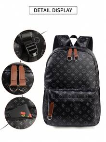 Men's High-End Plum Blossom Print Backpack, Geometric Pattern Retro Floral Design, Waterproof PU Laptop Bag, Large Capacity Travel Backpack For College Students, Business, Daily Use, Gift For Men (Suitable For Back To School Season) Waterproof Backpack - Black - View 5