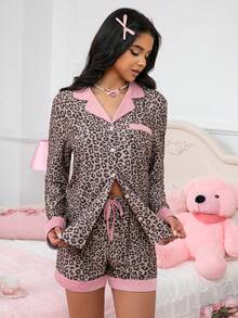 3pcs Set, Leopard Print, Versatile Styling Top & Shorts & Pants, Comfortable & Easy To Wear, Spring/Autumn, Fall Clothes - Camel - View 6