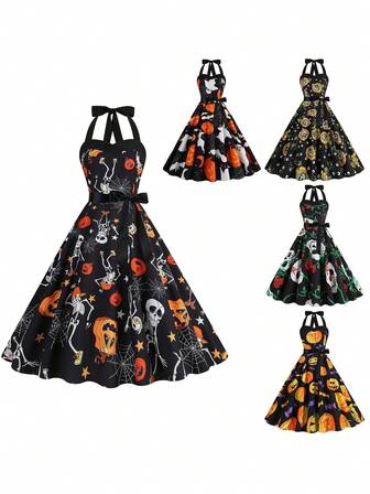 1pc Halloween New High Waist Slimming Halter Neck Midi Vintage Dress, Sexy Lace-Up Halter Neck Printed Flare Dress For Women