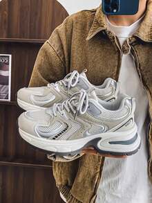 Men's Comfortable Versatile Breathable Low-Top Casual Sneakers, Fashionable Chunky Sneakers, Autumn - 灰色 - 查看 8