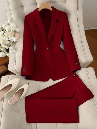 Solid Color Single Button Flat Lapel Button Decoration Long Sleeve Waistcoat Suit Pants Two-Piece Set