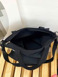 帆布手提包，卡通印花，适合学生，单肩包，斜挎包，多功能，大容量背包 - 黑色 - 查看 6