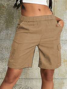 1 chiếc quần short cargo dáng rộng nhiều túi dành cho nữ tuổi teen, phong cách thể thao, thích hợp cho mùa xuân/hè. - Màu Khaki - Xem 2