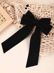 1个灯芯绒黑色发夹，女孩纯色双层蝴蝶结，鳄鱼夹带长尾，优雅简约发夹，日常发饰，休闲发夹，青少年发饰 - 黑色 - 查看 6