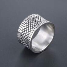 Retro Plaid Pattern Wide Titanium Steel Ring, Fashionable For Men On Thumb, Index Or Middle Finger