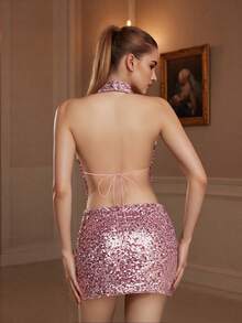 Sparkly Sequin Outfits For Women Y2K Shiny Cowl Neck Tank Tops Mini Ruched Bodycon Skirt Going Out Rave Club Party 2 Piece Clothes Set - 粉色 - 查看 7