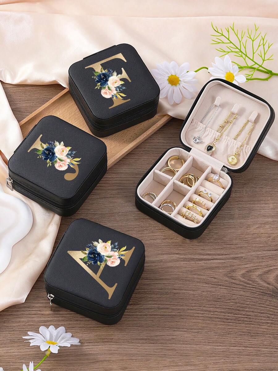 1pc Floral Rose Initial Jewelry Box, A-Z PU Leather White Portable Travel Jewelry Box, Black Jewelry Storage Box, Pink Mini Portable Zipper Jewelry Box, Necklace, Ring Pendant, Bracelet, Earring Storage Box, Jewelry Packaging Box, Suitable For Mother's Gift, Wedding Gift, Bridesmaid Gift, Anniversary Gift, Christmas Gift And Girlfriend's Boutique Gift. - Multicolor - View 1