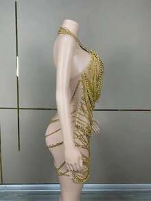 Fashion See Through Nude Mesh Women Dress Shiny Golden Chain Dress Party Bar Wear Singing Stage Performance Costume - 裙子 - 查看 4