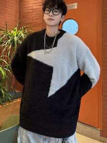 男士休闲宽松针织套头毛衣，五角星图案，圆领长袖，秋冬款 - 黑色 - 查看 5