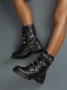 Women's Thick Sole Ankle Boots With Rhinestone Studs, Motorcycle Boots, Gothic Punk Style With Metal Decoration Chain And Zipper - Black - View 7