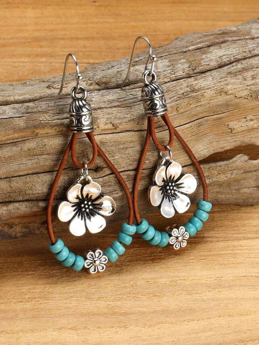 1 Pair Bohemian Style Alloy Plum Blossom Pendant With Turquoise Beads, Double Layer Dangle Earrings, Vintage Fashionable Jewelry Women, Suitable All Seasons - 許多 - 查看 1