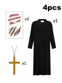 Zombie Priest And Nun Costume Set - Lncludes Robe, Plastic Cross, Stickers, Face Painting, Halloween Adult Costume For Costumes Party, Suitable For Carnival. Halloween Demon Exorcist Party Role Play - Multicolor - View 13