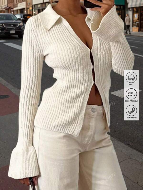 Blusa de punto acanalado de corte ajustado con cuello, Cárdigan de mangas acampanadas, Blusas de manga larga para un estilo elegante para una cita