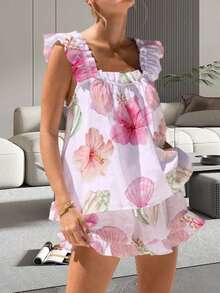 Womens Pajamas Set Bow Floral Print Ruffle Sleeveless Tank Top And Shorts Sleepwear Set Summer 2 Piece Outfits Women Floral Print Pajama Sets 2 Piece Lounge Set Ruffle Trim Sleeveless Top And Shorts Pjs Sleepwear - 粉底海棠花 - 查看 2
