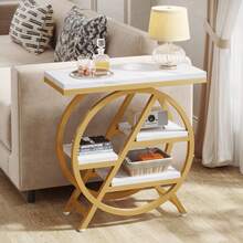 LITTLE TREE Industrial Side Table, 4-Tiered Faux Marble End Table With Storage, Narrow Wooden Sofa Coffee Table With Geometric Metal Frame, Modern Nightstand And Console Table For Living Room, Home Office, And Bedroom, Gold And White - 金色和白色 - 查看 7