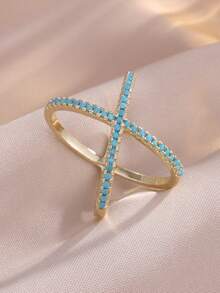1 pieza Anillo con forma de X chapado en oro con turquesa de moda - anillo - Ver 1