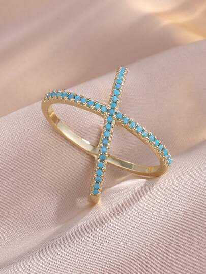 1pc Fashionable New Turquoise Plated Gold Color X-Shaped Ring