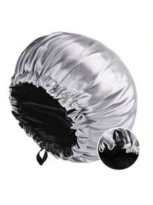 1pc Women's Solid Colored Double-Layered Satin Bonnet Adjustable Slouchy Hat Cap With Elastic Button Closure, Fashionable Sleep Bonnet For Daily Use To Protect & Style Hair Beach Hat - Gray and Black - View 9