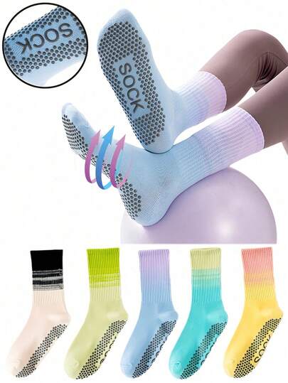 5 Pairs Women's Yoga Pilates Non-Slip Socks, Colorful Gradient Mid-Calf Yoga Socks, Ballet Dance Exercise Socks, Suitable For Yoga, Barre, Hospital, Barefoot, With Grip For Women