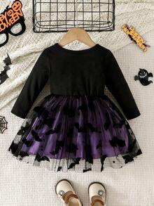 Đầm cổ tròn tay dài họa tiết dơi, mặt trăng và ngôi sao dễ thương cho bé, chủ đề Halloween, trang phục ngoài trời cho kỳ nghỉ mùa thu/đông, có thể giặt bằng máy - màu đen - Xem 2