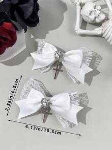 2pcs Gothic Style White Lace Ribbon Hair Clips, Suitable For Holiday Outfits, Daily Wear For Gothic Fashion Enthusiasts, Head Accessories,Festival,Party - White - View 4